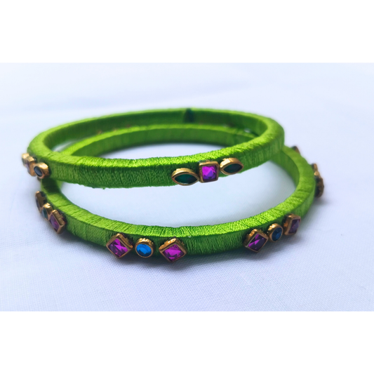 Parrot Green Stone Bangles | Handmade Silk Thread Bangles (Pair)
