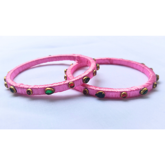 Baby Pink with Teardrop Stones | Elegant Handmade Bangles (Pair)
