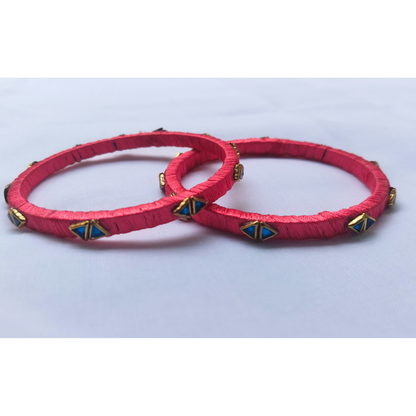 Bold Red Silk Thread Bangles | Handmade Traditional Ethnic Stone Bangles (Pair)