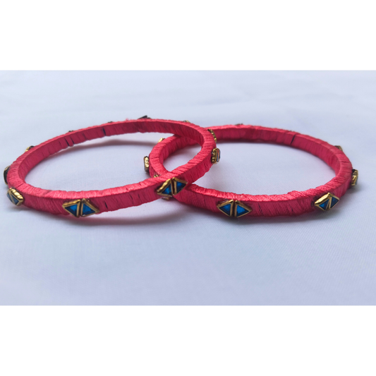 Bold Red Silk Thread Bangles | Handmade Traditional Ethnic Stone Bangles (Pair)