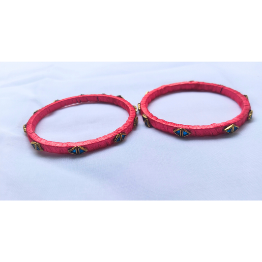 Bold Red Silk Thread Bangles | Handmade Traditional Ethnic Stone Bangles (Pair)