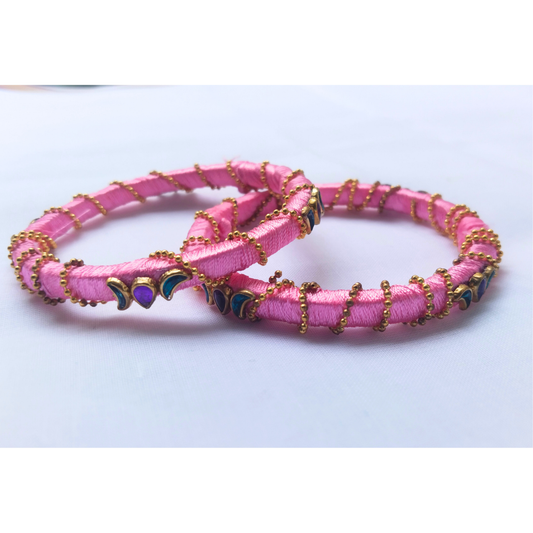 Pink Zig-Zag Embellished Bangles | Funky & Festive Silk Thread Bangles (Pair)