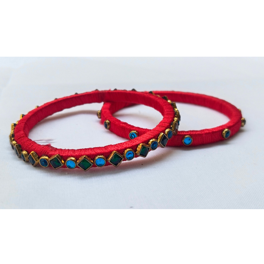 Red Silk Thread Bangles | Handmade Traditional Ethnic Stone Bangles (Pair)