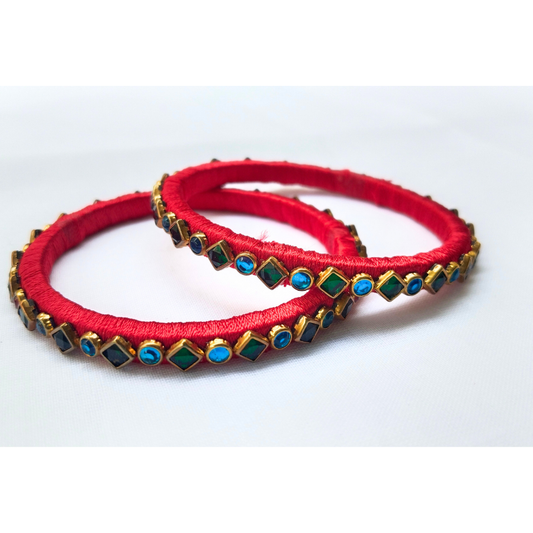 Red Silk Thread Bangles | Handmade Traditional Ethnic Stone Bangles (Pair)