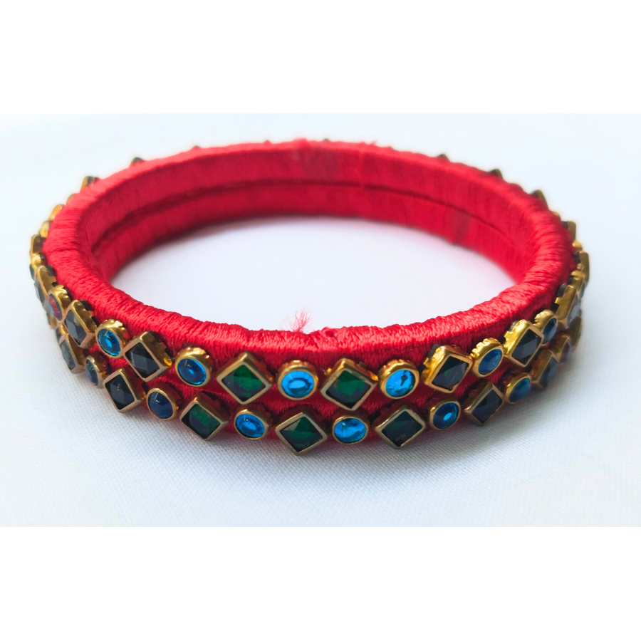 Red Silk Thread Bangles | Handmade Traditional Ethnic Stone Bangles (Pair)