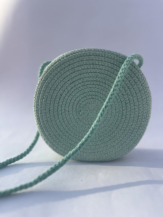 Mint Green Hand-Crocheted Round Sling Bag with Bow Detail