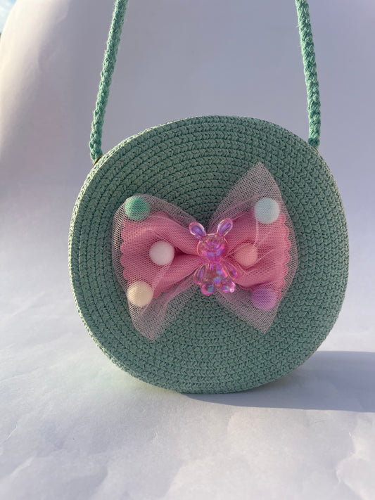 Mint Green Hand-Crocheted Round Sling Bag with Bow Detail