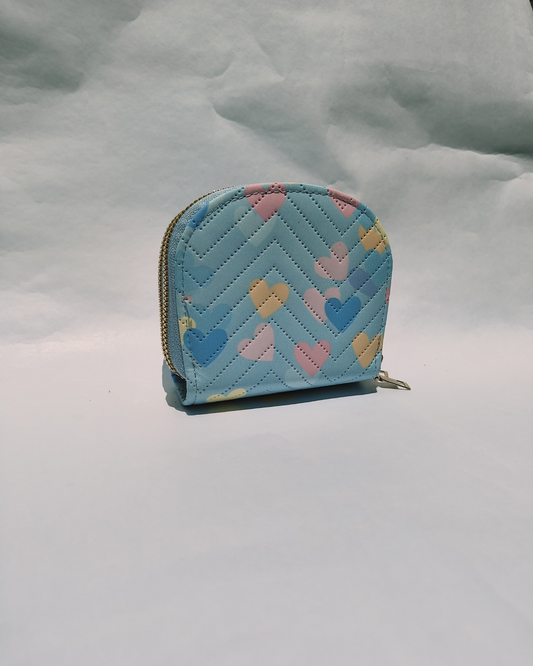 Sky Blue Quilted Mini Pouch with Pastel Heart Print and Dual Zipper