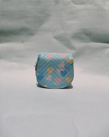 Sky Blue Quilted Mini Pouch with Pastel Heart Print and Dual Zipper