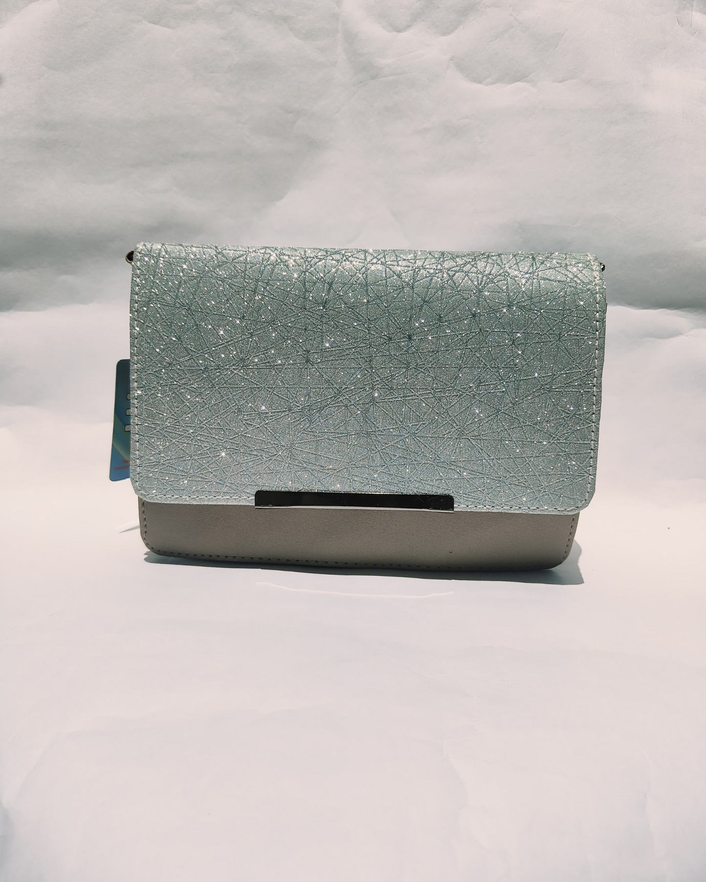 Icy Mint Glitter Flap Sling Bag with Beige Base and Magnetic Closure
