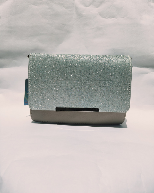 Icy Mint Glitter Flap Sling Bag with Beige Base and Magnetic Closure