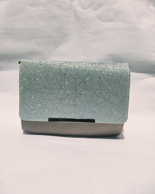 Icy Mint Glitter Flap Sling Bag with Beige Base and Magnetic Closure